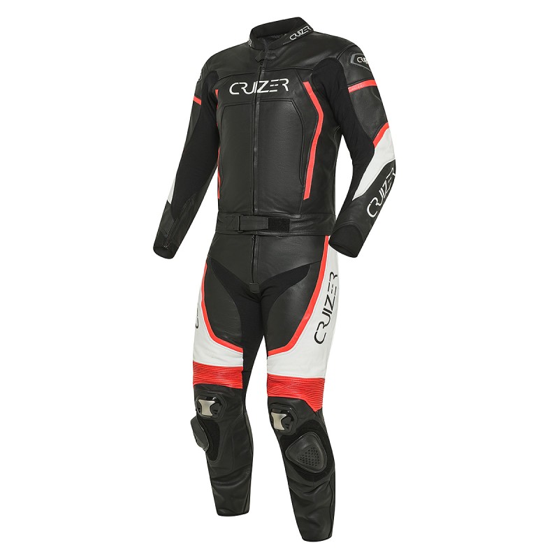 Traje de moto CRUIZER de 2 piezas divisible, de cuero y tela homologado - Negro/Rojo/Blanco